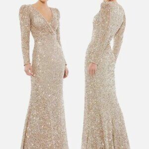 MAC DUGGAL 5510 PUFF SHOULDER SEQUINED SURPLICE SHIMMERING GOLD GOWN sz 8